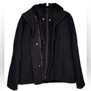 Men’s  Black Pea Coat with detachable Hooded Vest 36/XXL